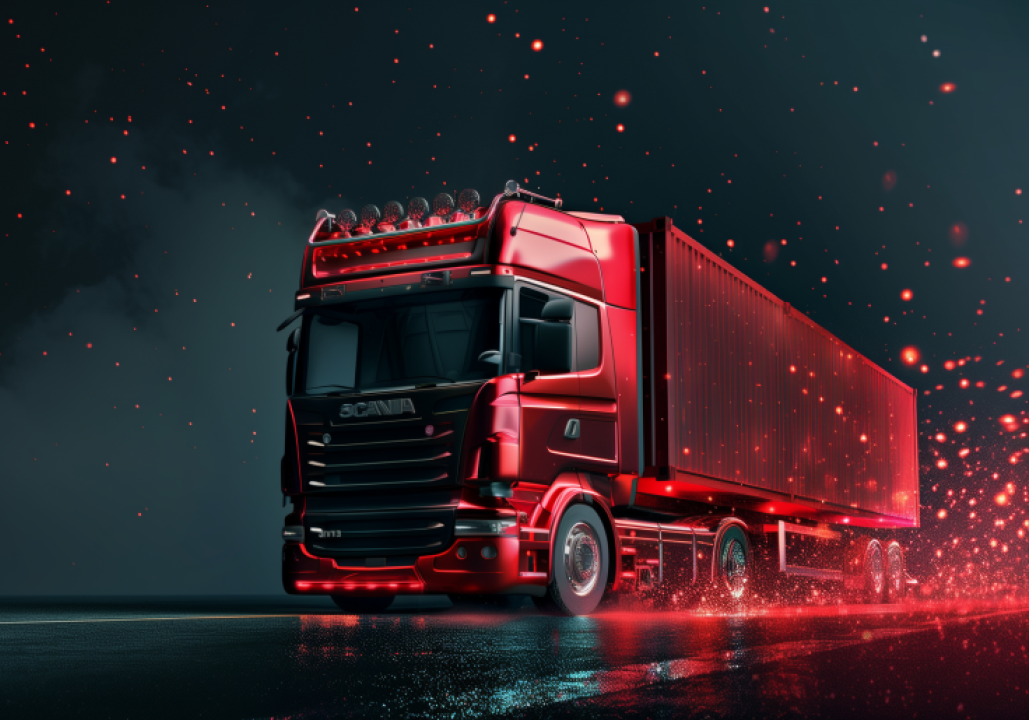 red Scania truck carrying a cargo container